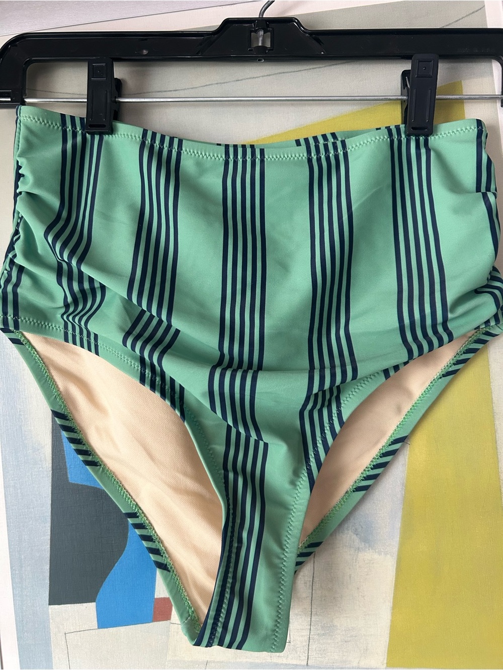 Pink Chicken Mint Green and Navy Vertical Stripe High-Waist ruched front